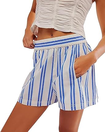 Photo 1 of 100% Cotton Striped Boxer Shorts for Women Summer Vacation Beach Shorts Casual Lounge Shorts with Pockets Small