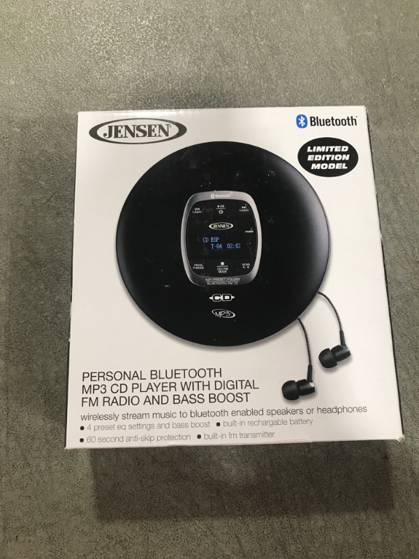 Photo 1 of Jensen Professional Portable CD Player with Bluetooth | CD-R/RW MP3 Playback | FM Radio | Mega Bass Boost | Pro in-Ear Wired Earbuds | (Matte Black Edition)