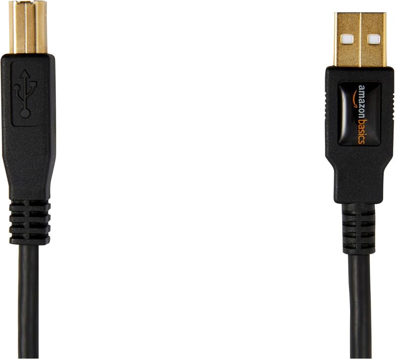 Photo 1 of Amazon Basics USB-A to USB-B 2.0 Cable with 480 Mbps Transfer Speed for Printer or External Hard Drive, Gold-Plated Connectors, 10 Foot, Black