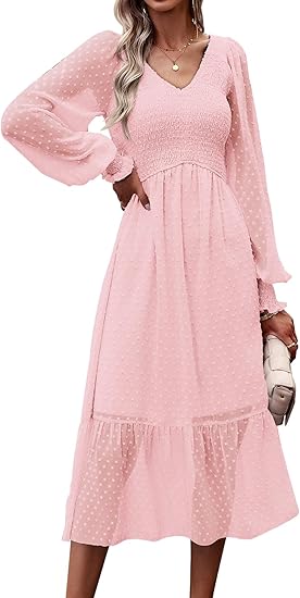 Photo 1 of PRETTYGARDEN Women's Fall Dresses 2024 Long Sleeve V Neck Swiss Dot Empire Waist Chiffon Dress Ruffle Smocked Midi Dresses
