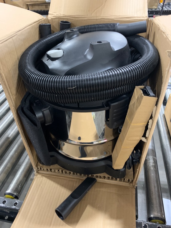 Photo 1 of Amazon Basics Wet Dry Vacuum Cleaner, 4 gallon Shop, 3 HP Stainless Steel, Grey/Black