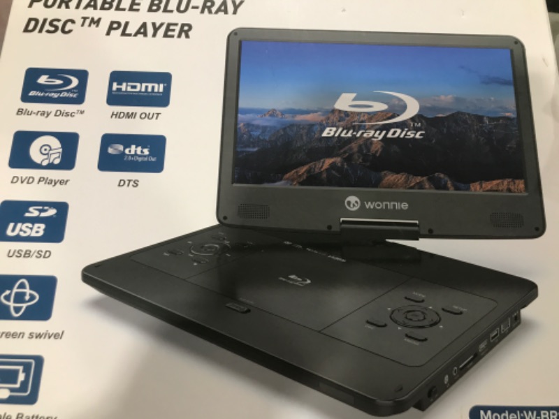 Photo 2 of WONNIE 16.9" Portable Blu ray DVD Player with 14.1" 1080P HD Swivel Screen, 4-Hour Rechargeable Battery, Supports HDMI Output, Surround Audio, Last Memory, USB/SD Card, AV in