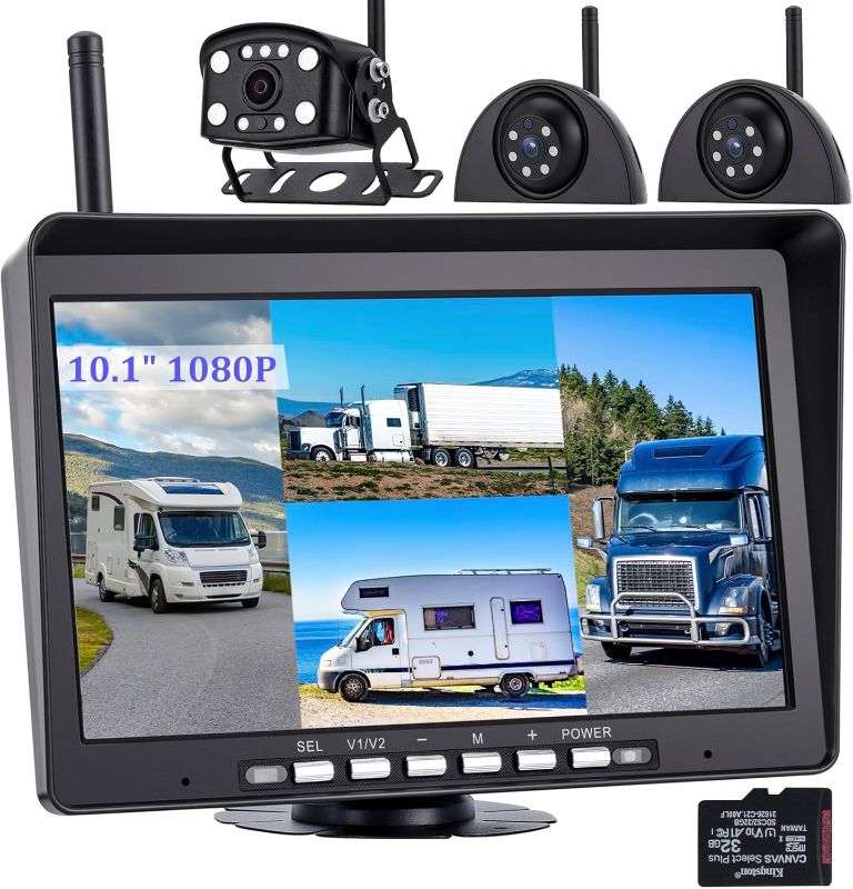 Photo 1 of 10.1" Wireless Backup Camera System, 3 Cameras System for RV Trailer, 1080P DVR Recording Monitor, IP68 Waterproof Night Vision Rear Side Cameras, 32GB SD Card Included
