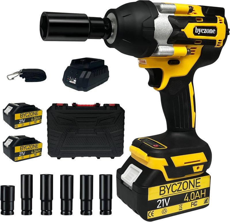 Photo 1 of 1000N.m(740Ft-lbs) Cordless Impact Wrench, 1/2 Inch High Torque Brushless 21V Electric Impact Gun w/ 2 x 4.0Ah Battery & Fast Charger & 6 Sockets, Pistola De Impacto for Home Car Tires Truck Mower
