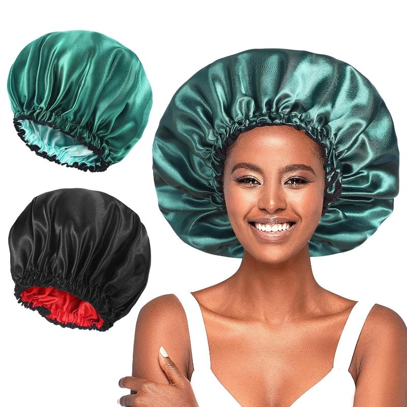 Photo 1 of 2 PCS Silk Bonnet for Sleeping, Large Satin Bonnet Hair Bonnets for Women Sleep Cap, Double Layer Silk Bonnets Hair Caps, Sleep Bonnet with Elastic Band for Natural Hair - (Black Red)+(Green Blue)
