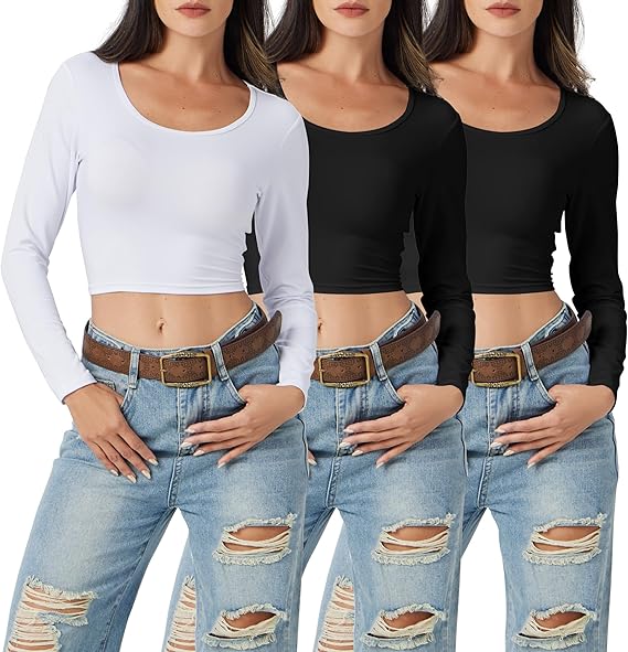 Photo 1 of 3 Pack Women's Long Sleeve Crop Tops Sexy Scoop Neck Slim Fit T Shirts Casual Basic Summer Tops Tees M
