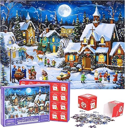 Photo 2 of Advent Calender 2024 Christmas Jigsaw Puzzles, 1008 Pieces Puzzle 24 Days Countdown Calendar for Kids and Adults, Family Game for Christmas Toys Gifts Home Decor-Christmas Town Night 