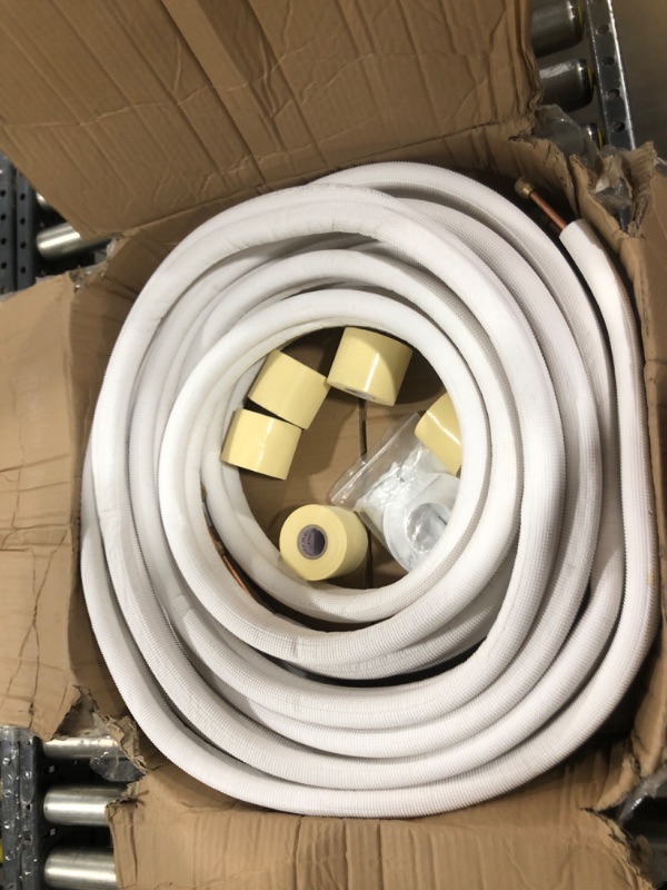 Photo 2 of 50ft Length Mini Split Line Set,1/4" 3/8" OD Copper Pipes Tubing and 3/8 White PE Thickened Insulated Coil with Flared Nuts for Mini Split Air Conditioner HVAC or Heat Pump System. (50Ft(1/4+3/8))