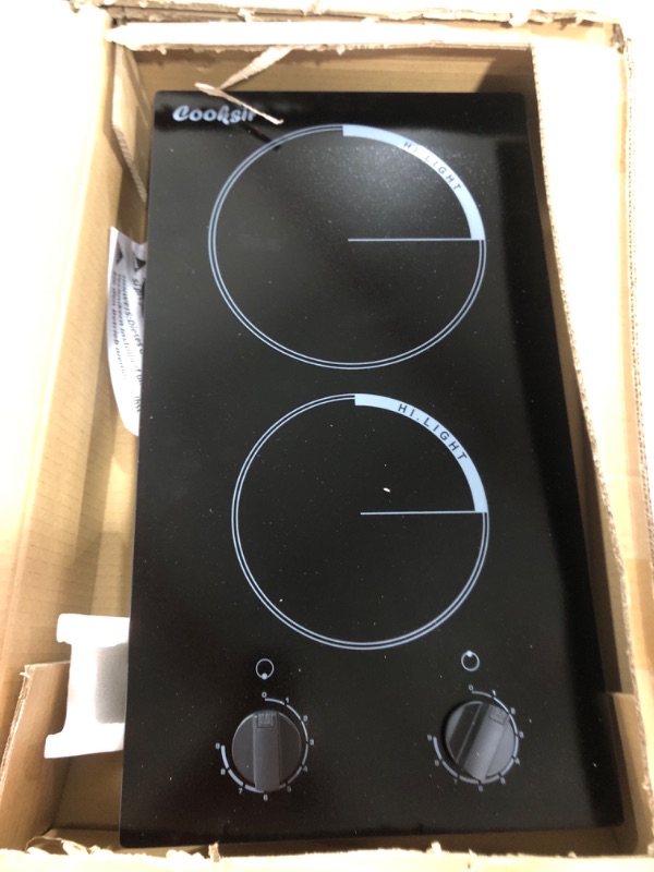 Photo 1 of Cooksir 2 Burner Electric Cooktop - 110v Countertop Electric Stovetop 2000W, 12 Inch Ceramic Stove with Residual Heat Indicator, Over-Temperature Protection, 9 Power Levels, Knob Control, 120V Plug in