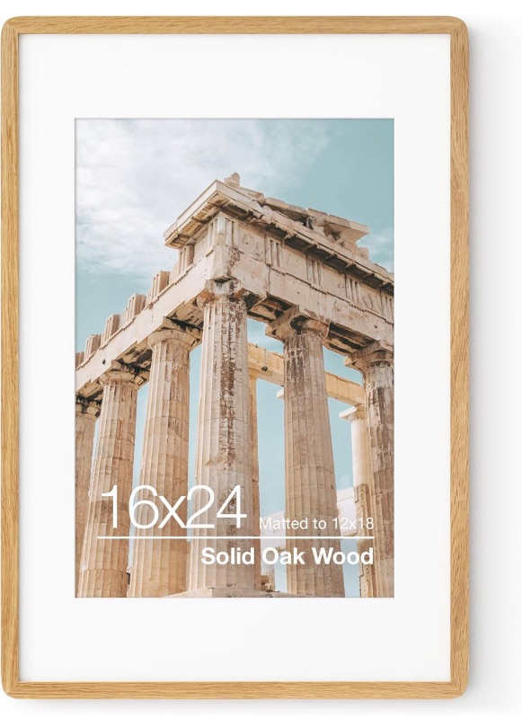 Photo 1 of 16x24 Poster Frame | Solid Oak Wood 16 x 24 Picture Frame | 24x16 Poster Frame With Mat For 12x18 | Tempered Glass And Hanging Hardware Included | 16 By 24 Frame Wood (Natural Oak, 1 Pack)