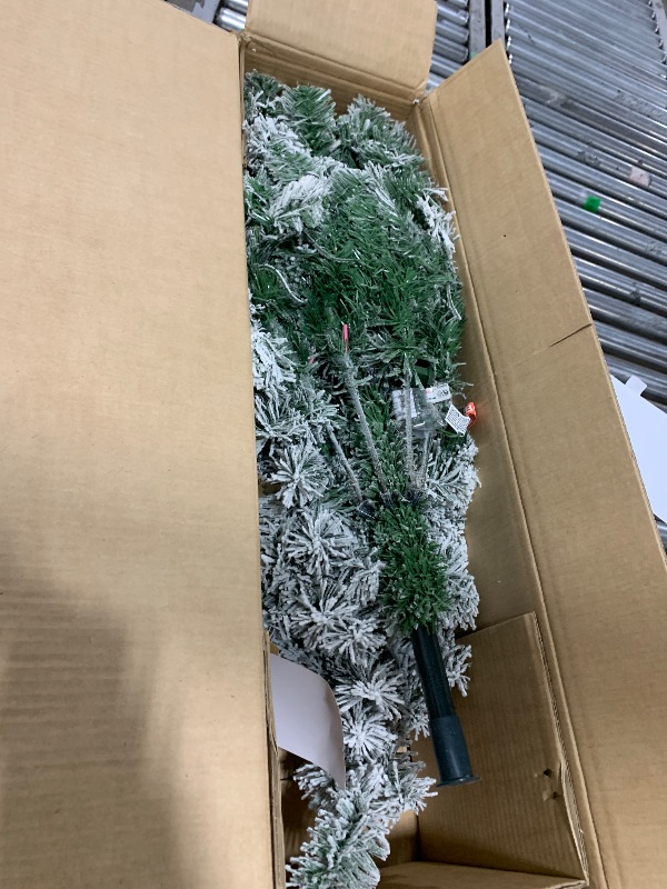 Photo 1 of Yaheetech 4.5ft Pre-lit Artificial Christmas Tree with Incandescent Warm White Lights, Snow Flocked Full Prelighted Xmas Tree W/340 Branch Tips, 150 Incandescent Lights & Foldable Stand, Green & White