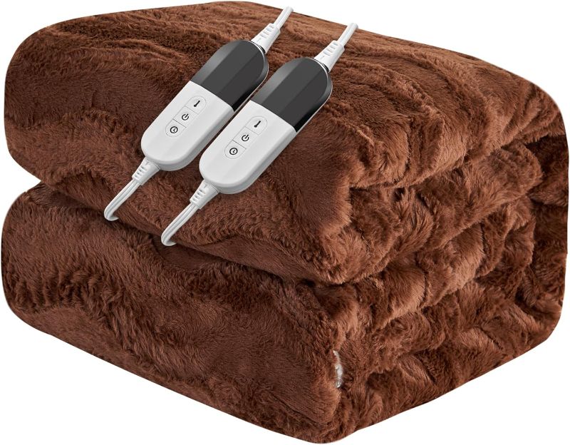 Photo 1 of King Electric Blanket Dual Control, Warm Soft Faux Fur Heating Blanket with 6 Heating Levels & 10 Hours Auto-Off, Fast Heating & Over-Heat Protection, Machine Washable - Brown, 90”x 100”