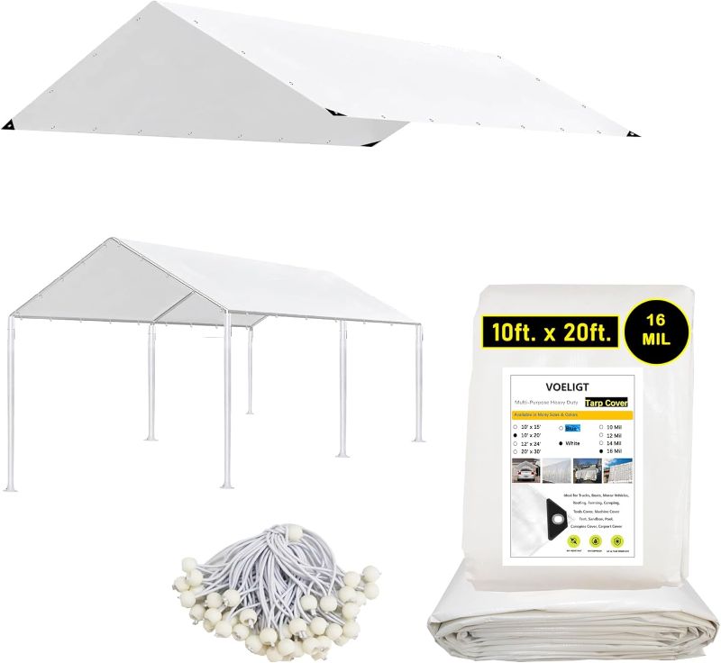 Photo 1 of 10x20 16mil Carport Replacement Cover 50 Ball Bungee Cords Canopy Protective Cover Waterproof UV Resistant White Tarp Top Cover ONLY