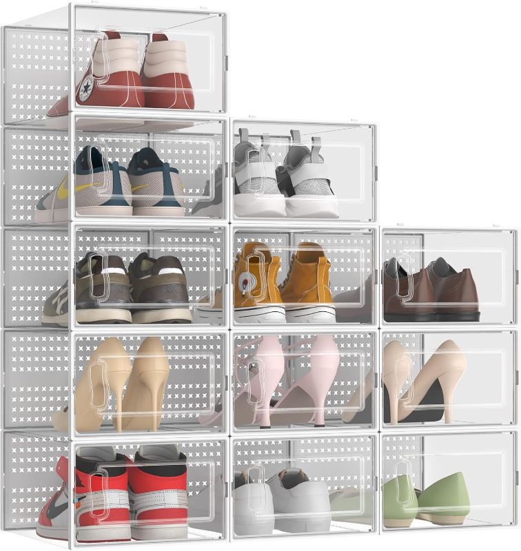 Photo 1 of 12 Pack XX Large Clear Stackable Shoe Storage Boxes Organizer for Closet, Modular & Portable Plastic Shoe Sneaker Containers Display Case Bin, Versatile Closet Organizers and Storage, White