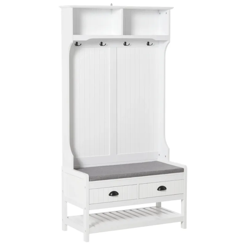 Photo 1 of HOMCOM 3-in-1 Hall Tree, Entryway Bench with Coat Rack, Mudroom Bench with Shoe Rack, 2 Storage Drawers, 4 Hooks and Padded Seat Cushions for Hallway, White
