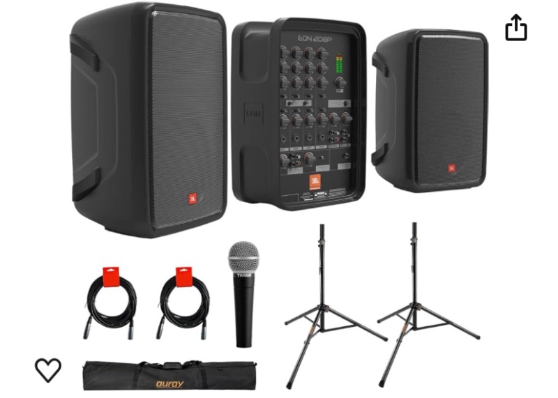 Photo 1 of JBL Professional EON208P Portable All-in-One 2-Way PA System (8-Channel Mixer and Bluetooth) Bundle with Auray SS-47S-PB Speaker Stand with Carrying Case, Vocal Microphone, and 2xXLR Cables