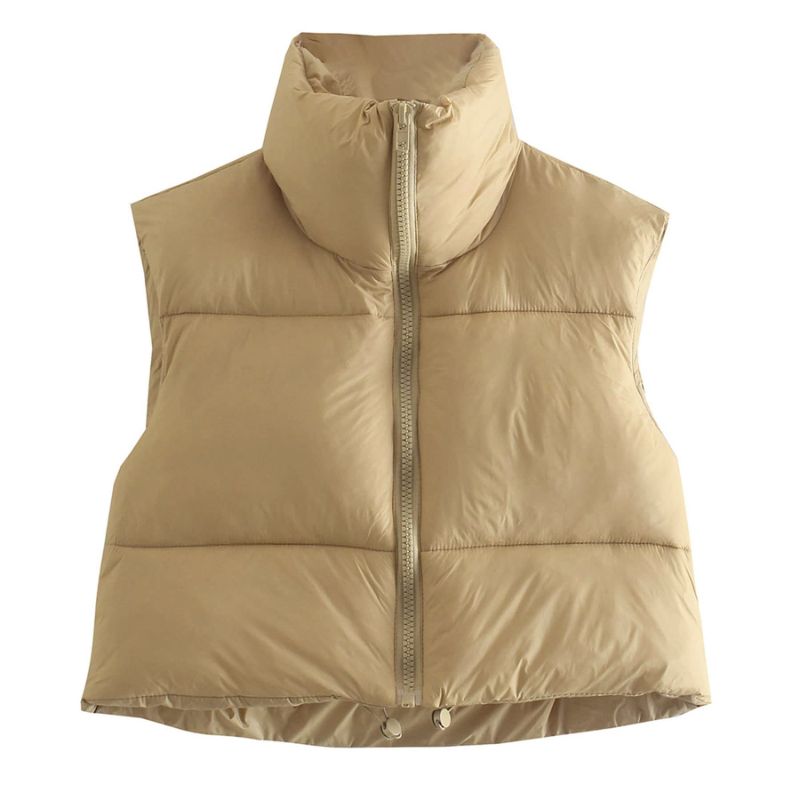 Photo 1 of Ainangua Women's Crop Padded Vest Stand Collar Lightweight Sleeveless Puffer (Khaki, S)