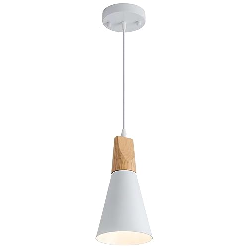 Photo 1 of Modern White Pendant Light Fixture with Wood, Mini Modern Vintage 5.51" Cone Pendant Lighting, 1-Pack