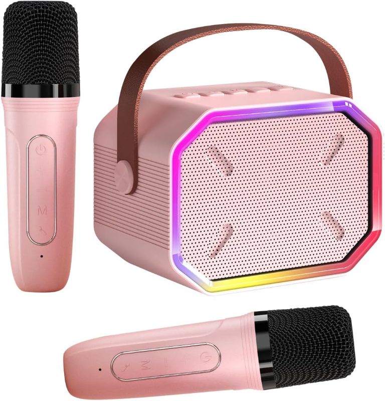 Photo 1 of Karaoke Machine for Kids and Adults, Mini Portable Bluetooth Speaker with 2 Wireless Microphones, Led Lights for TV, Home Party, Kids Gift for Girls Boys Family Party Birthday (Pinkcolor)
