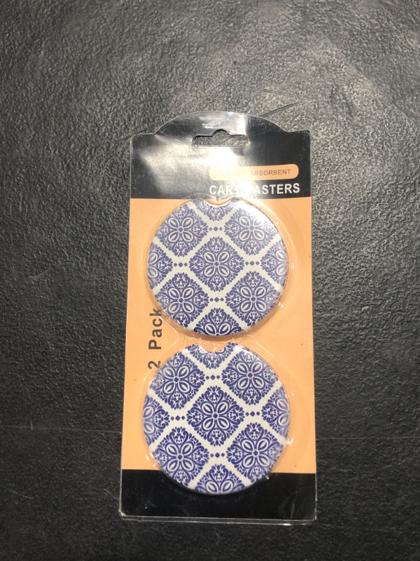 Photo 2 of Britimes 2 Pack Car Coaster, Absorbent Ceramic Stone Cork Base Drink Coasters 2.6 Inch, Blue Flower Leaves Auto Accessories Cup Holders for Women & Men Car Decor