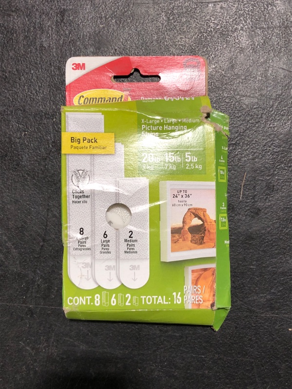 Photo 1 of Command Picture Hanging Strips Variety Pack, Damage Free Hanging Picture Hangers, No Tools Wall for Living Spaces, White, 2 Medium Pairs, 6 Pairs and 8 Extra Large Pairs