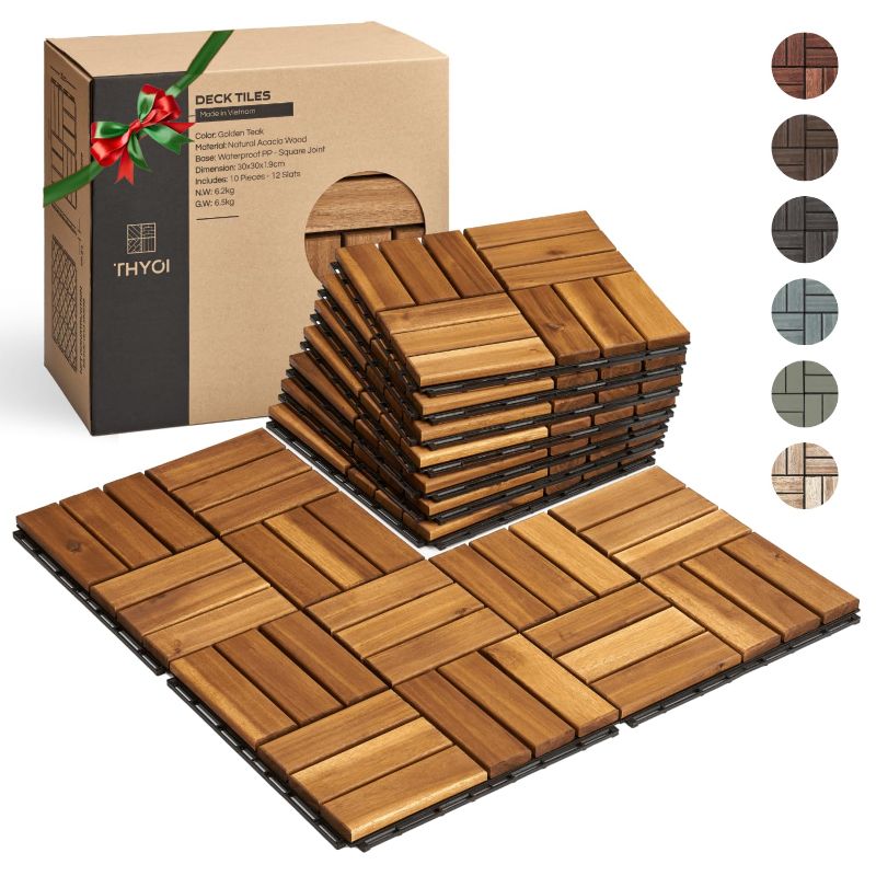 Photo 1 of 10 Pcs Interlocking Deck Tiles 12" x 12", Patio Flooring Outdoor Waterproof, Acacia Wood Tiles All Weather, Floor Tiles for Balcony, Backyard, Indoor and Outdoor use… (Golden Teak)