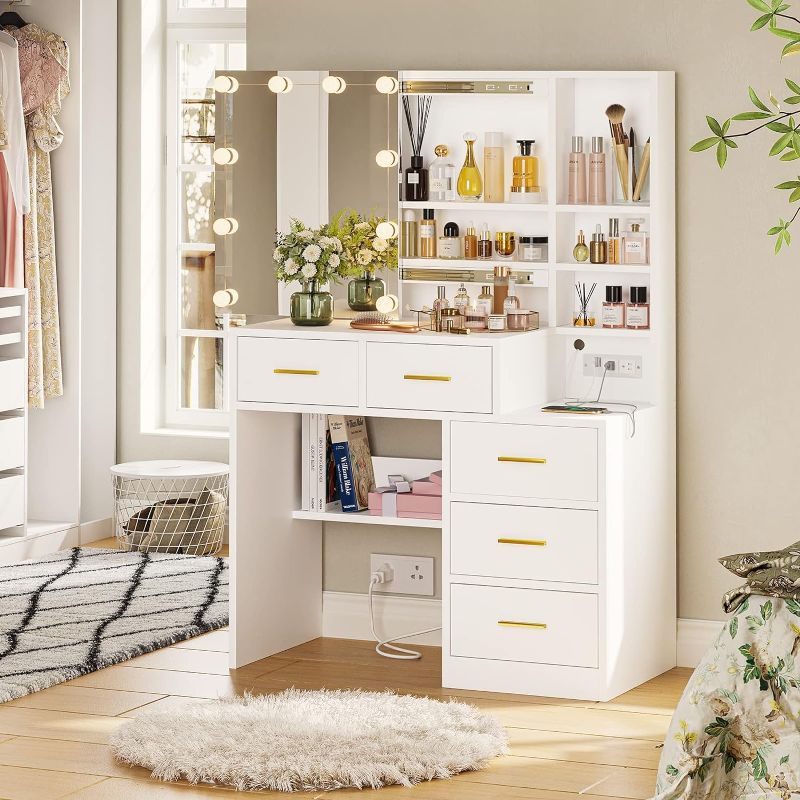 Photo 1 of Vanity Desk with Sliding Mirror and Lights, Makeup Vanity with Lights and Charging Station, Makeup Desk with 5 Drawers, Modern Vanity Table with Hidden and Open Storage Shelves, White
