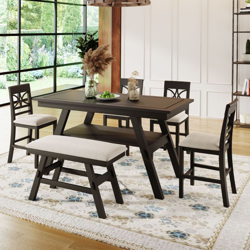 Photo 1 of PARTS ONLY 6Pc Wood Counter Height Dining Table Set w/ Storage Shelf, Espresso+Beige Cushion FedEx/UPS