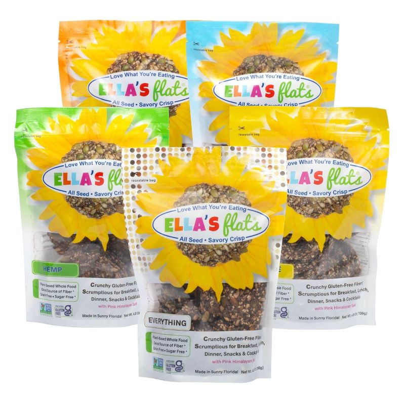 Photo 1 of ELLA’S FLATS® Variety All Seed Savory Crisps – All Natural, Gluten Free, Good Source of Protein, High Fiber, Vegan and Keto Friendly (Variety 5 Pack One of each 4.8 Oz Pouch SESAME, HEMP, CARAWAY, CUMIN & EVERYTHING )
EXP 03/13/25