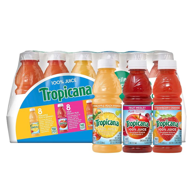 Photo 1 of Tropicana 100% Juice, 3 flavor, 10 fl oz (Pack of 24) - Pineapple Peach Mango Juice, Fruit Medley, Strawberry Orange Juice
