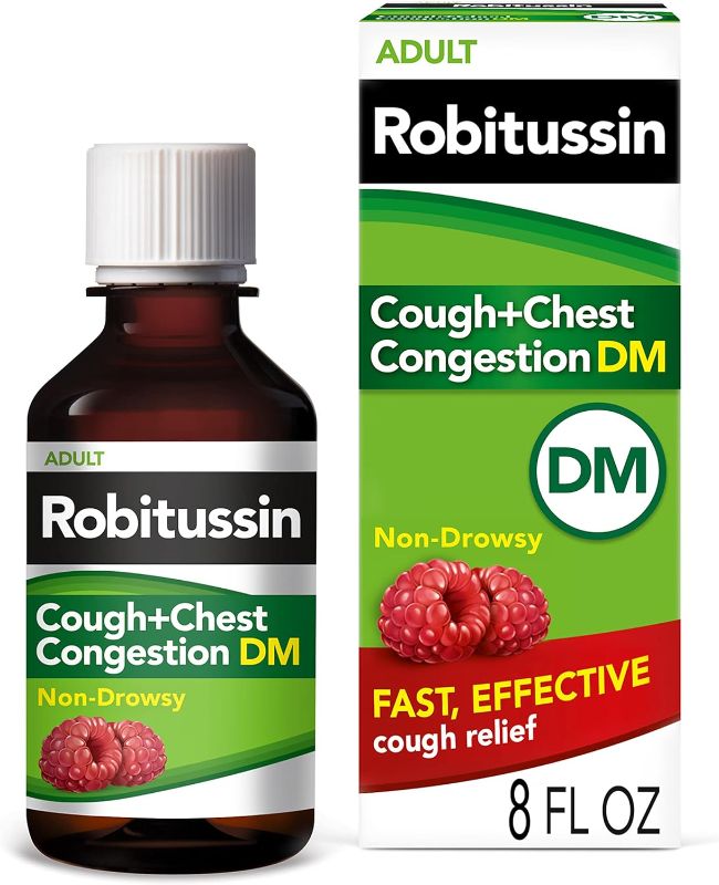 Photo 1 of Robitussin Cough and Chest Congestion DM, Cough Suppressant and Expectorant, Raspberry Flavor - 8 Fl Oz Bottle BB 12/2025