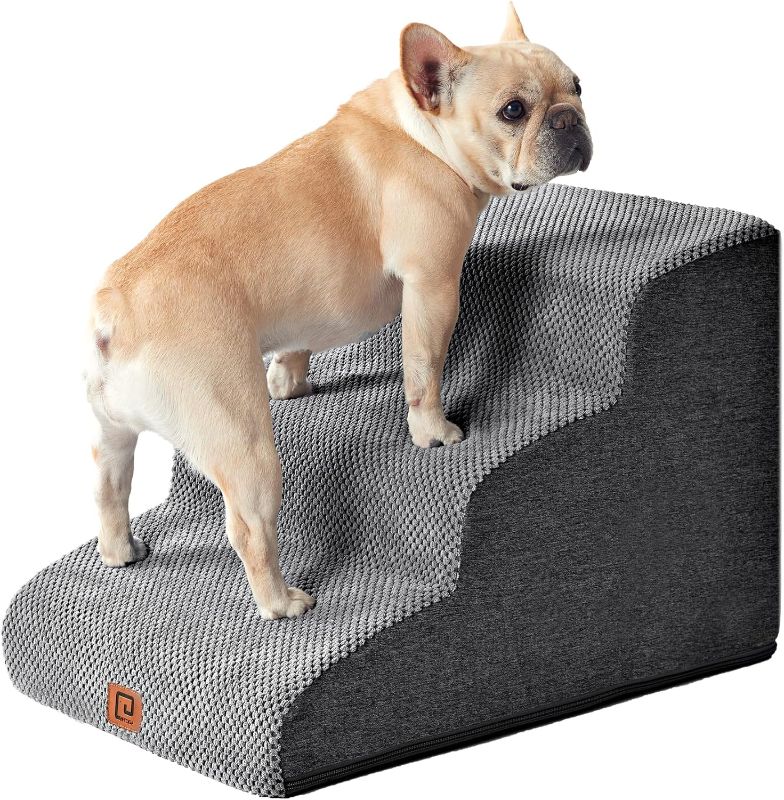 Photo 1 of Curved Dog Stairs for Small Dogs 15.7" H, 3-Step Dog Steps for Couch Sofa and Chair, Pet Stairs for Cats, Non-Slip Balanced Pet Steps Indoor, Grey
