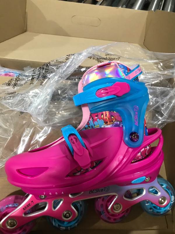 Photo 2 of Besketo Pink Graffiti Light up Inline Skates for Girls, 4 Size Adjustable Roller Shoes with Full Illuminating Wheels for Kids, Blades Roller Skates for Beginner Teens Youth & Adult Women - L 4-7 US