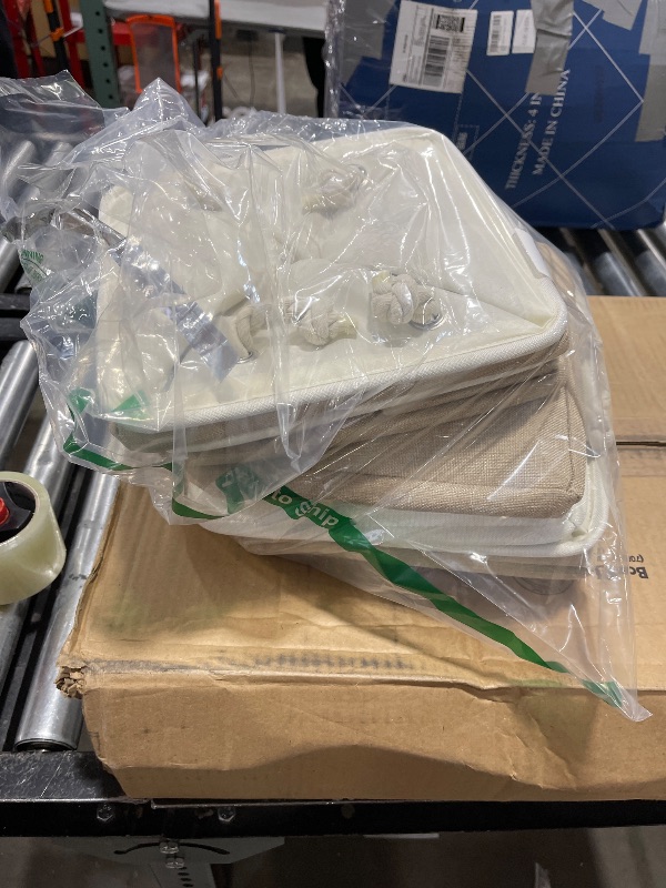 Photo 1 of MidmmVick 11 x 11 Inch Cube Storage Bins, 6 Pack Large Collapsible Fabric Storage Bin with Ropes, Foldable Storage Cubes for Home, Office,Closet, Clothes, Toys Organizer (White & Beige-11"x11"x11")