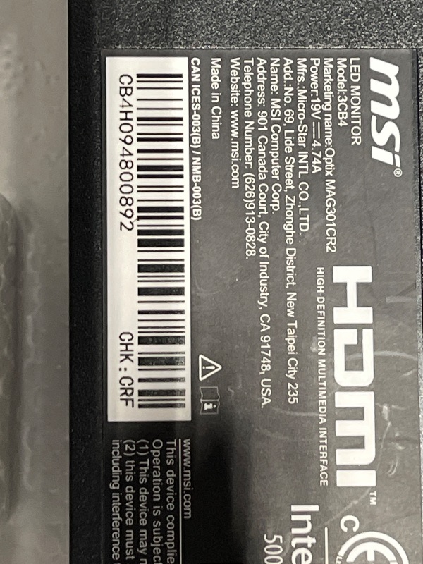 Photo 1 of MSI MAG301CR2, 30" Gaming Monitor, 2560 x 1080 (UWFHD), VA, 200Hz, FreeSync, HDR Ready HDMI, Displayport, USB C, Tilt, Swivel, Height Adjustable,Black