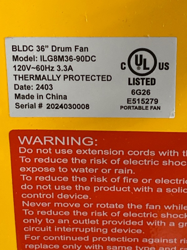 Photo 4 of iLiving 36 Inches 16000 CFM Heavy Duty High Velocity Barrel Floor Drum Fan with DC Brushless Motor, Stepless Speed Adjustment for Workshop, Garage, Commercial or Industrial, UL Safety Listed