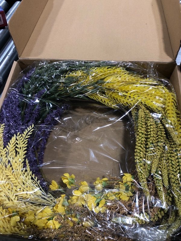 Photo 2 of 20 Inch Fall Harvest and Thanksgiving Day Front Door Flower Wheat Wreath for Home Decor, Autumn Orange Color Wild Flower Wreath with Lavender for Indoor and Outdoor