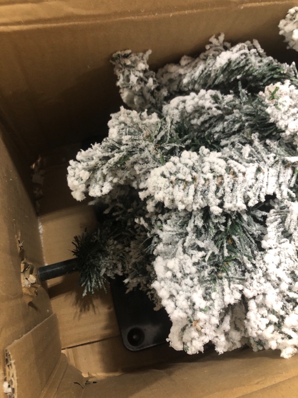 Photo 1 of 6ft Snow Flocked Christmas Tree Pre-Lit with Warm Lights, White Frosted Pencil Noble Fir, Lighted Slim Artificial Xmas Tree Metal Stand, Premium Holiday Decoration UL Listed