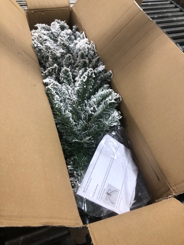 Photo 1 of 6ft Snow Flocked Christmas Tree Pre-Lit with Warm Lights, White Frosted Pencil Noble Fir, Lighted Slim Artificial Xmas Tree Metal Stand, Premium Holiday Decoration UL Listed