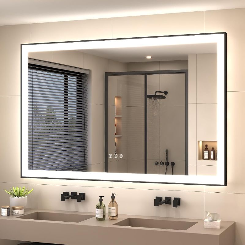 Photo 1 of SMIROR Black LED Bathroom Mirror 55 x 36, Illuminated Vanity Mirrors with Lights for Wall, Front Lighted and Backlit, Dimmable, Anti-Fog, Memory, Shatterproof, ETL Listed (Horizontal/Vertical)