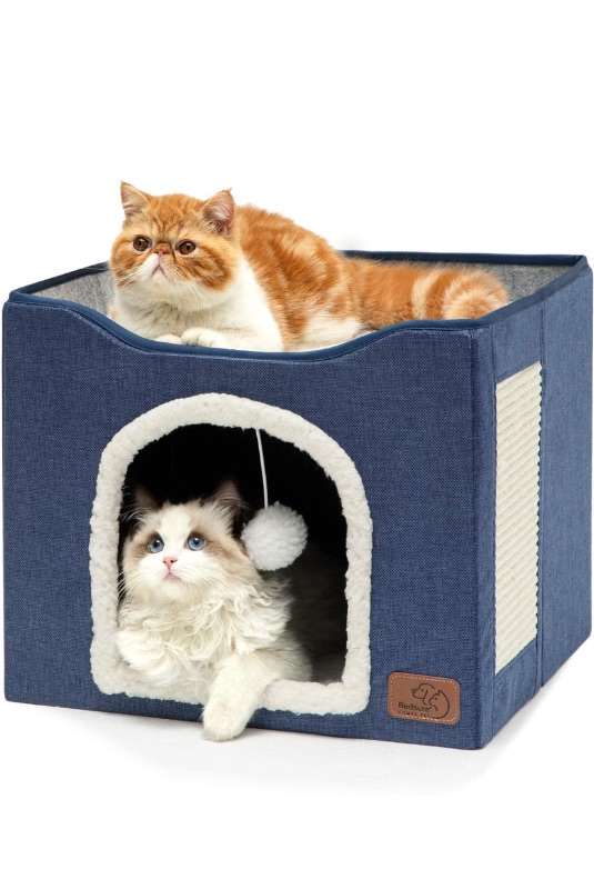 Photo 1 of Bedsure Cat Beds for Indoor Cats - Large Cat Cave for Pet Cat House with Fluffy Ball Hanging and Scratch Pad, Foldable Cat Hideaway,16.5x16.5x13 inches, Blue