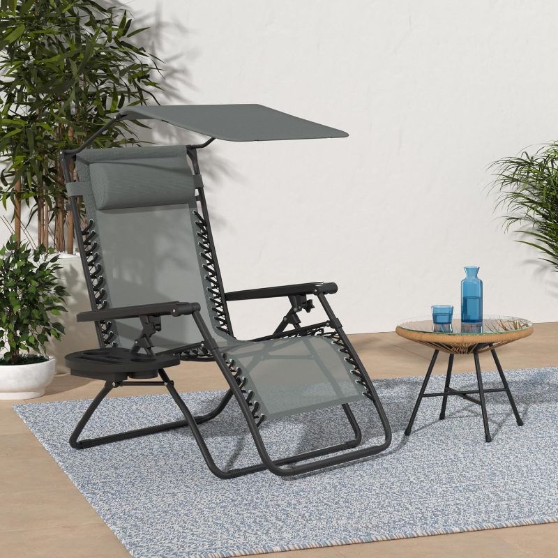 Photo 1 of Best Choice Products Folding Zero Gravity Outdoor Recliner Patio Lounge Chair w/Adjustable Canopy Shade, Headrest, Side Accessory Tray, Textilene Mesh - Stardew 