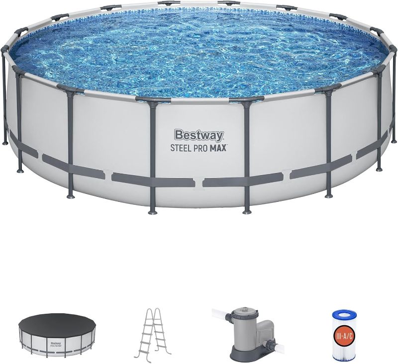 Photo 1 of Bestway Steel Pro MAX 16 Foot x 48 Inch Round Metal Frame Above Ground Outdoor Swimming Pool Set with 1,000 Filter Pump, Ladder, and Cover
