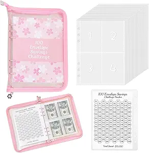 Photo 1 of 100 Envelopes Money Saving Challenge Binder with Cash Envelopes, Easy and Fun Way to Save $5,050,Expense Budget Sheet for Budgeting and Saving Money (Pink with Zipper)