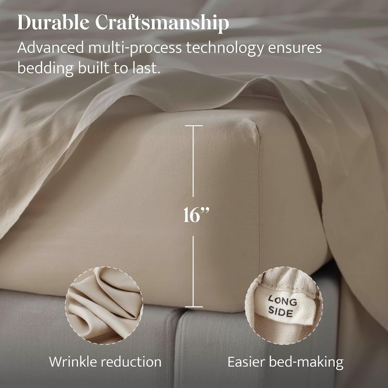 Photo 4 of (READ FULL POST) Double Stitch by Bedsure Cotton Tencel Sheet Set - Good Housekeeping Award Winner, Queen Sheet Set Cooling, Soft Luxury Bedding Set, 1 Fitted Sheet, 1 Flat Sheet, 2 Pillowcases, Sandstone