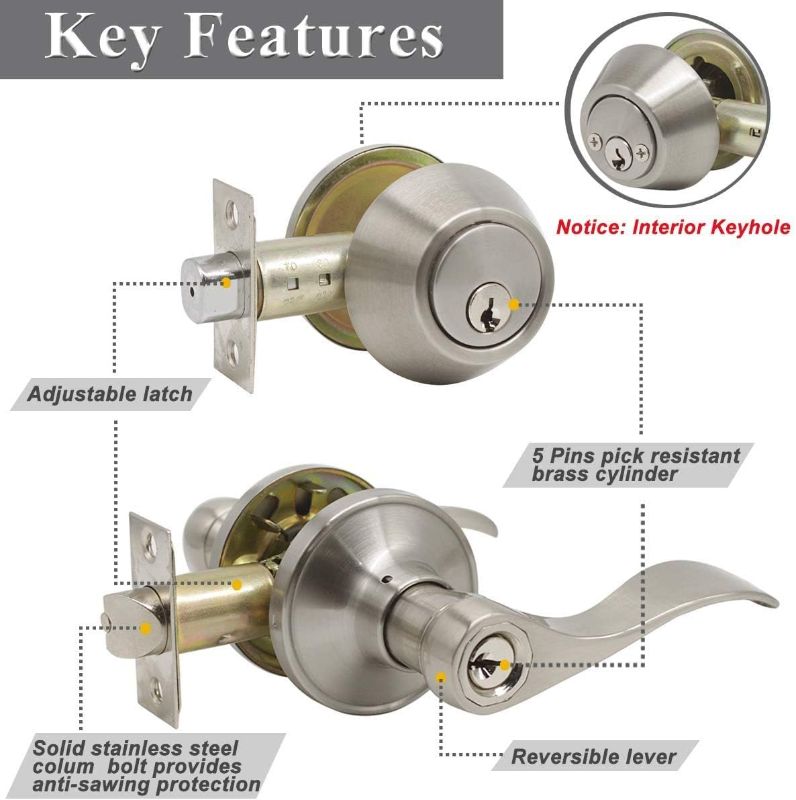 Photo 4 of (READ FULL POST) Probrico (Set of 4 Satin Nickel Exterior Entry Lever and Double Cylinder Deadbolt Combo Pack,Keyed Alike Exterior Lockset Front Door Handleset, Security Door Hardware