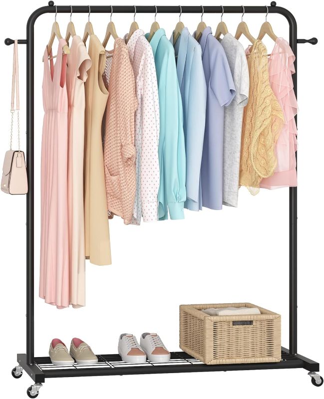 Photo 1 of **BLACK**
Sywhitta Clothes Rack on wheels, Clothing Rack with Bottom Mesh Storage Shelf,Sturdy Metal Frame,Rolling Garment Rack for Hanging Clothes,Coats,Skirts,39.76" L x 16" W x 64.56" H,Golden