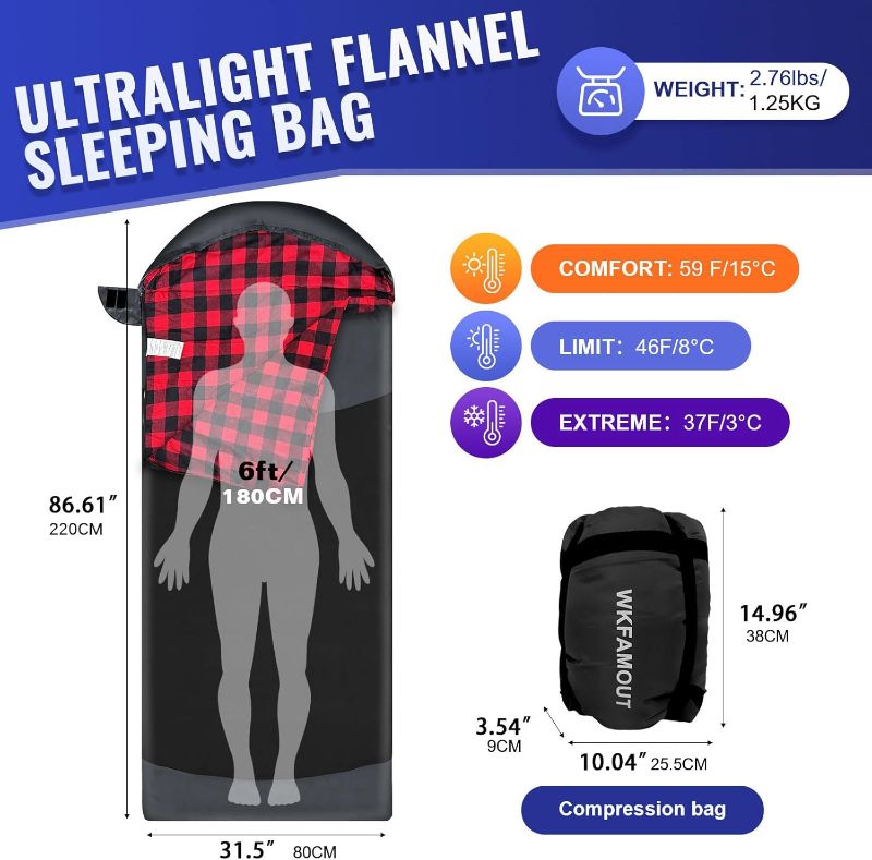 Photo 3 of (READ FULL POST) Backpacking Flannel Sleeping Bag Lightweight for Adults Hiking Ultralight Compact Sleeping Bag Portable Warm Weather Summer with Compression Sack