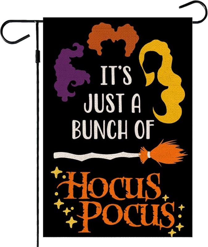 Photo 1 of (FLAG ONLY) Hocus Pocus Garden Flag, Halloween Sanderson Sisters Flags 12x18 Double Sided for Outside, Witches Small Yard Burlap Flag Mini Vertical Rustic Porch Lawn Decorations Outdoor Black