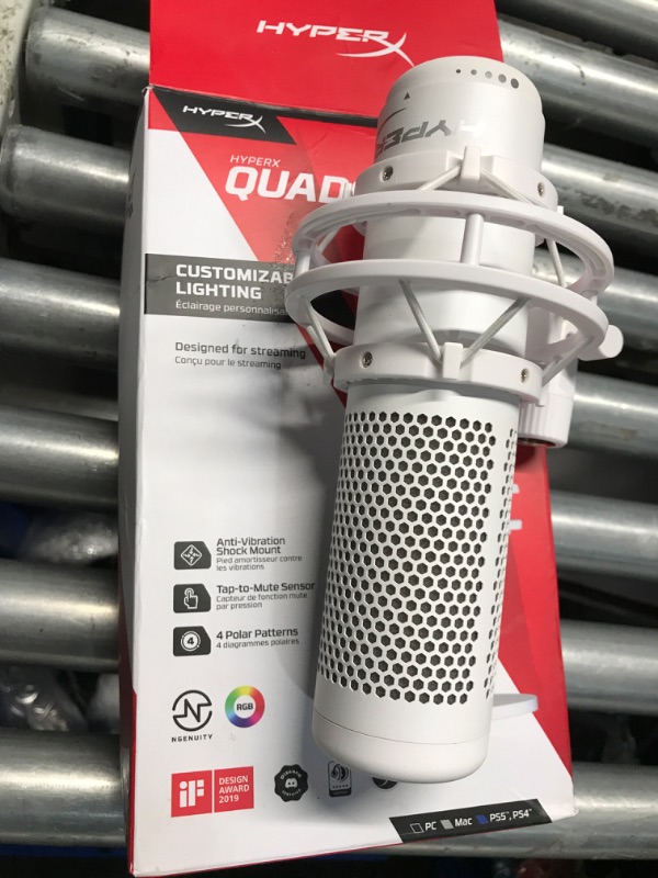 Photo 2 of ***SEE NOTES BEFORE BIDDING***
HyperX QuadCast S – RGB USB Condenser Microphone for PC, PS5, Mac, Anti-Vibration Shock Mount, 4 Polar Patterns, Pop Filter, Gain Control, Gaming, Streaming, Podcasts, Twitch, YouTube, Discord – White